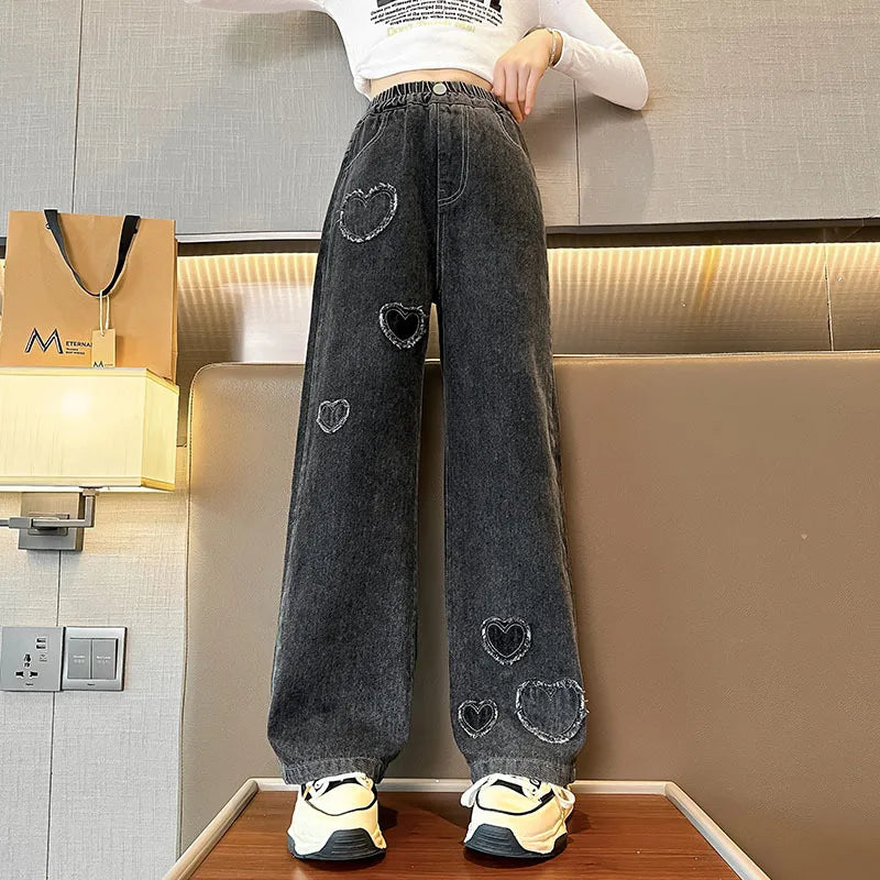 2025 Spring Autumn Girls Love Rough Edges Jean Korean Version Style Kids Middle Waist Cowboy Pants Elastic Waist Long Pants