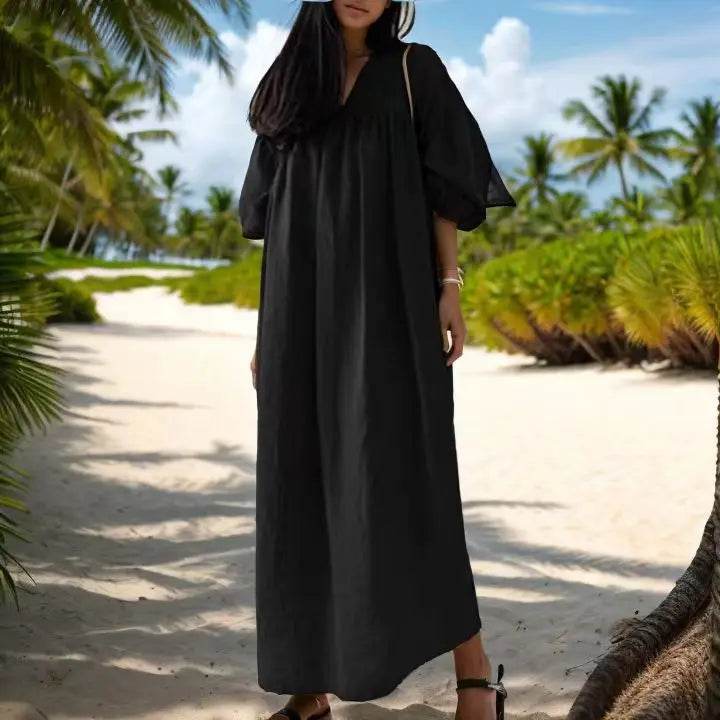 Muslim Fashion Dresses New Middle East Dubai Muslim Solid Color Loose V-neck Puff Sleeve Casual Cotton Polyester Dress - AIAZ
