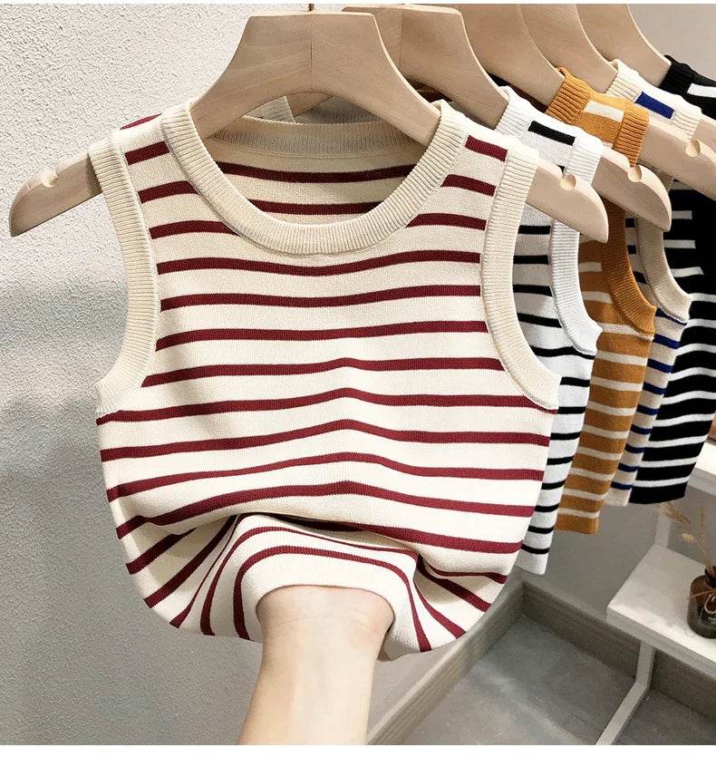 Summer Spring Striped Tank Tops Women Sleeveless Knitted T-Shirts Crop Tops Female Elastic Slim Casual Vests Pullover Camis - AIAZ