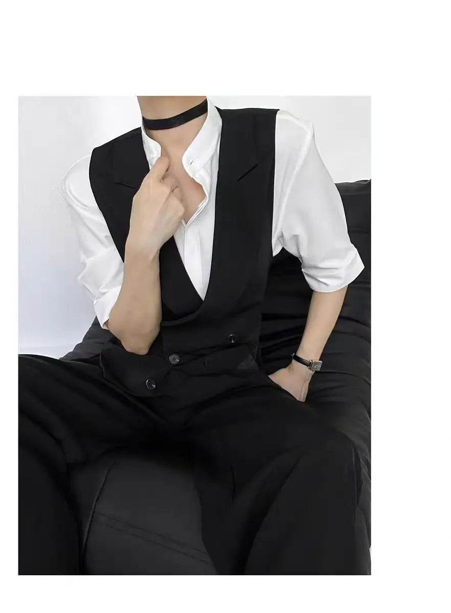 Black suit vest, cool stylish, unisex, high-end, gun collar, slim fit vest for women tank top ropa de hombre sleeveless top - AIAZ