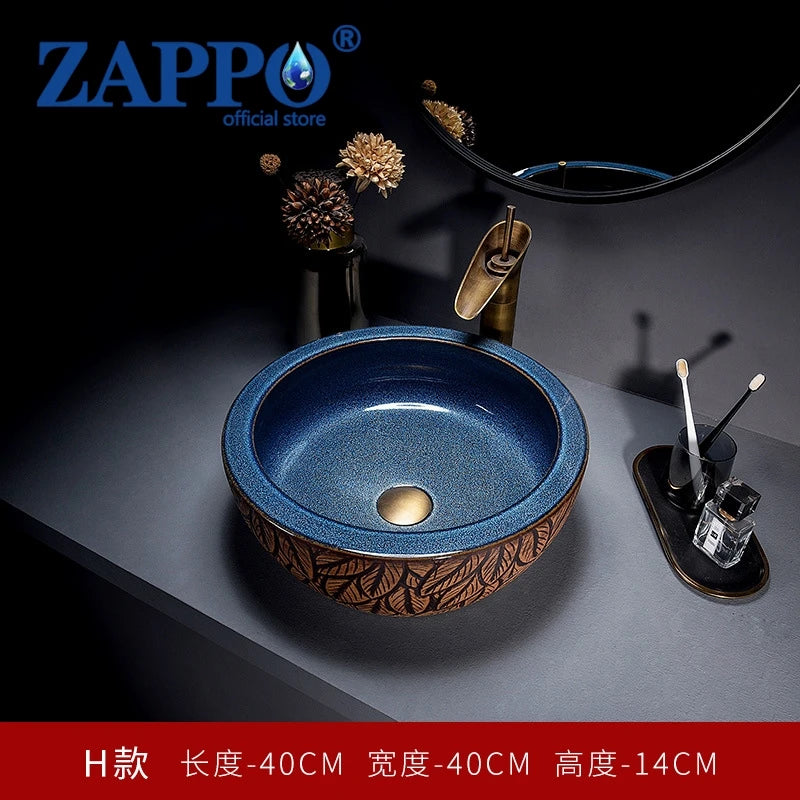 ZAPPO Round Vessel Sink with Faucet Drain JinDezhen Ceramic Vessel Sinks Oval Bathroom Sink Bowl Above Counter with Mixer Tap