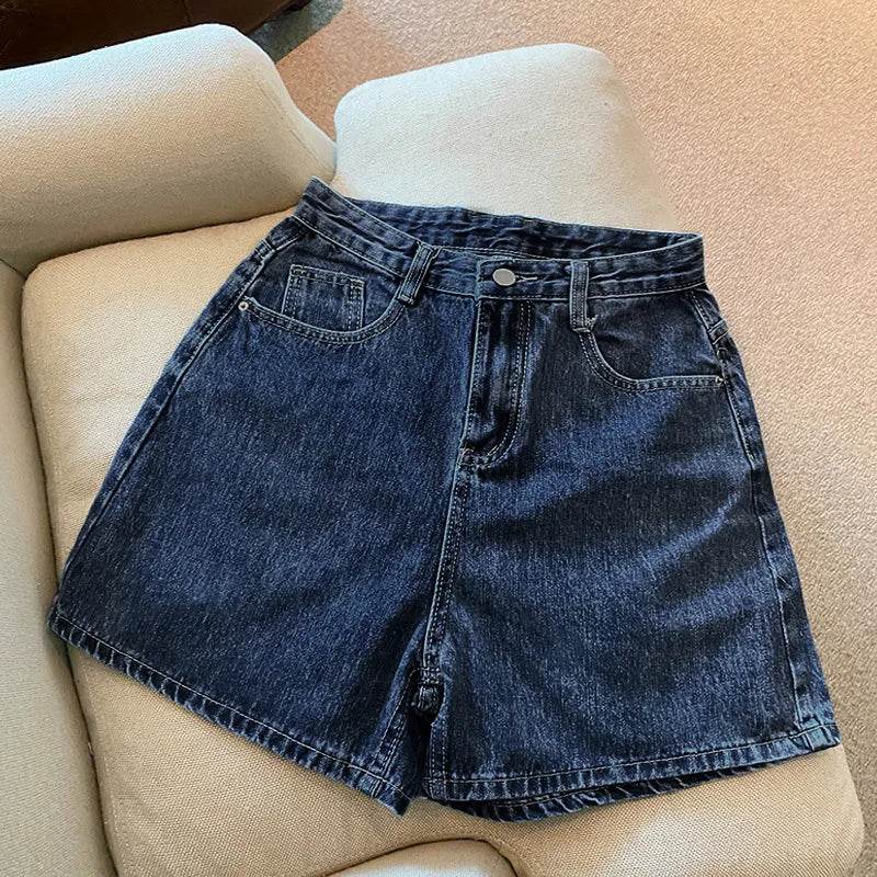 Denim shorts women's summer new trendy Instagram high waist simple slimming loose wide leg versatile A-line hot pants - AIAZ