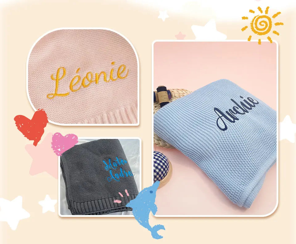 Embroidered Name Knitted Blanket  Stroller Cover Kids Cotton Nap Blanket for Newborn Shower Gifts