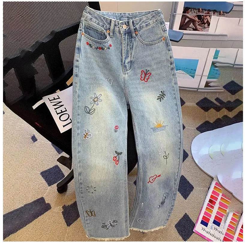 Vintage Embroidered Jeans Trousers For Women Summer 2025 New Korean Fashion High Waist Straight Retro Casual Denim Pants - AIAZ