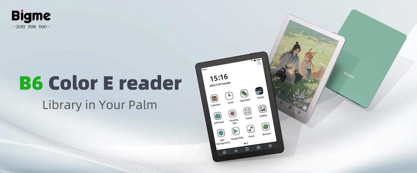 Bigme E-book Reader B6, 6-inch e-ink electronic book, 36-level front light, Android 14 OS built-in Google Play, 4+64GB ereader