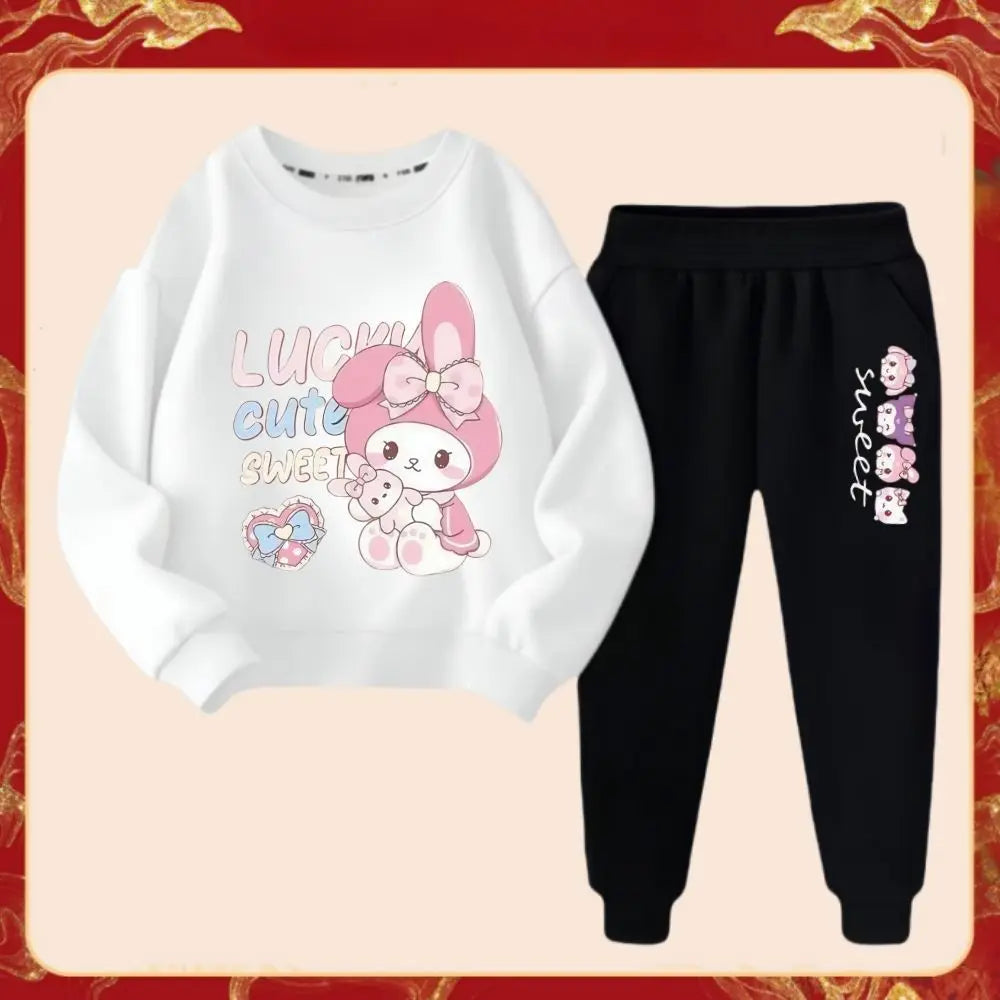 Spring Autumn Children's Sanrio Melody Print Clothes Sets Kids Kawaii Sweatershirts Pullover Tops & Pants 2Pcs Outfit Tracksuit