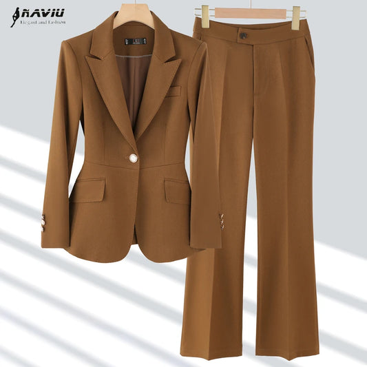 NAVIU High End Pant Suit Brown Solid Office Ladies Female Business Work Wear 2 Piece Set Formal Blazer Jacket And Trouser