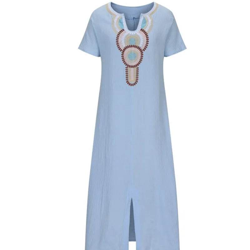 Boho Vintage Embroidered Cotton Linen Long Dresses Women Summer 2025 New V Neck Split Hem White Dress Beach Party Dress Robe - AIAZ