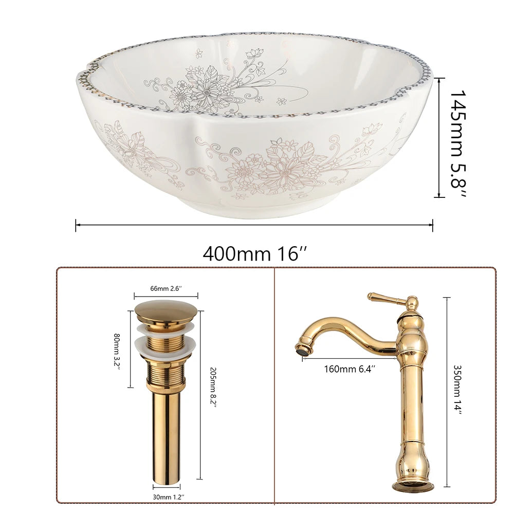 ZAPPO Above Counter Ceramic Vessel Sink For Bathroom Round Petal Shaped Flower & Bird Pattern Wash Basin Bowl Sinks With Faucet