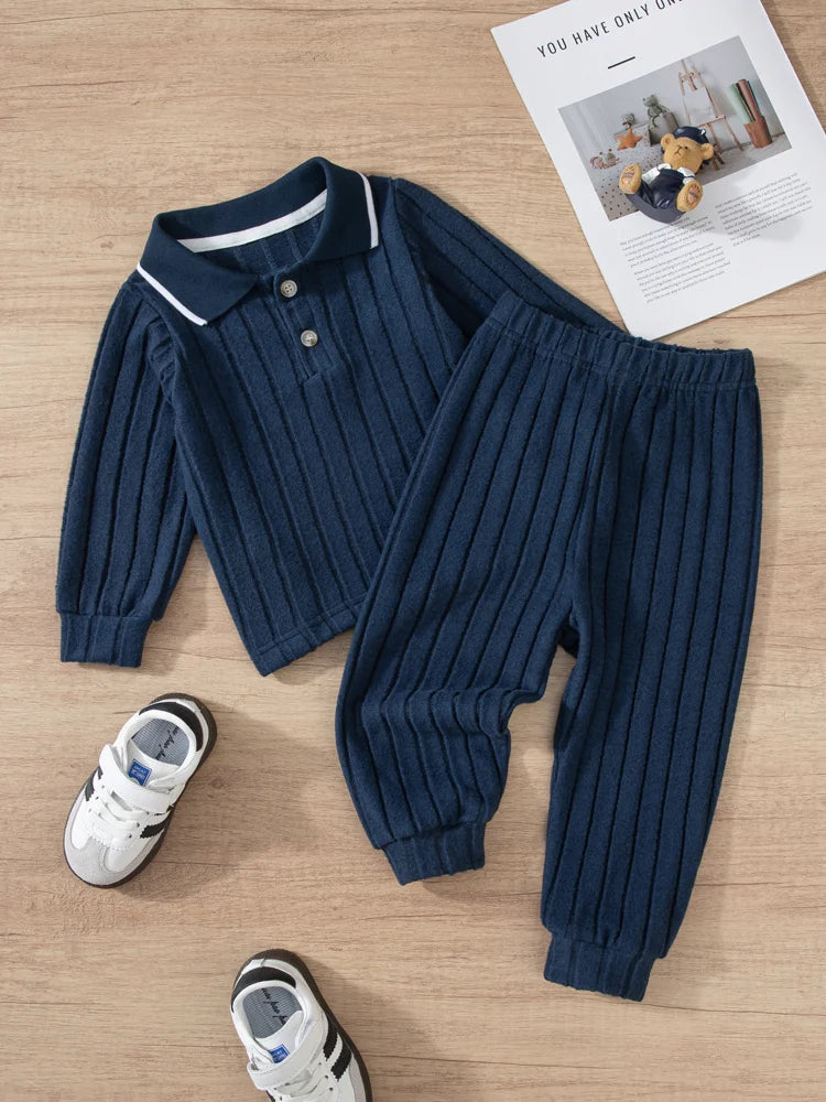 Boys Long Sleeve Lapel Pants Suits Warm Collar Button Two-Piece Set Gentle Autumn Winter Outfit for Kids