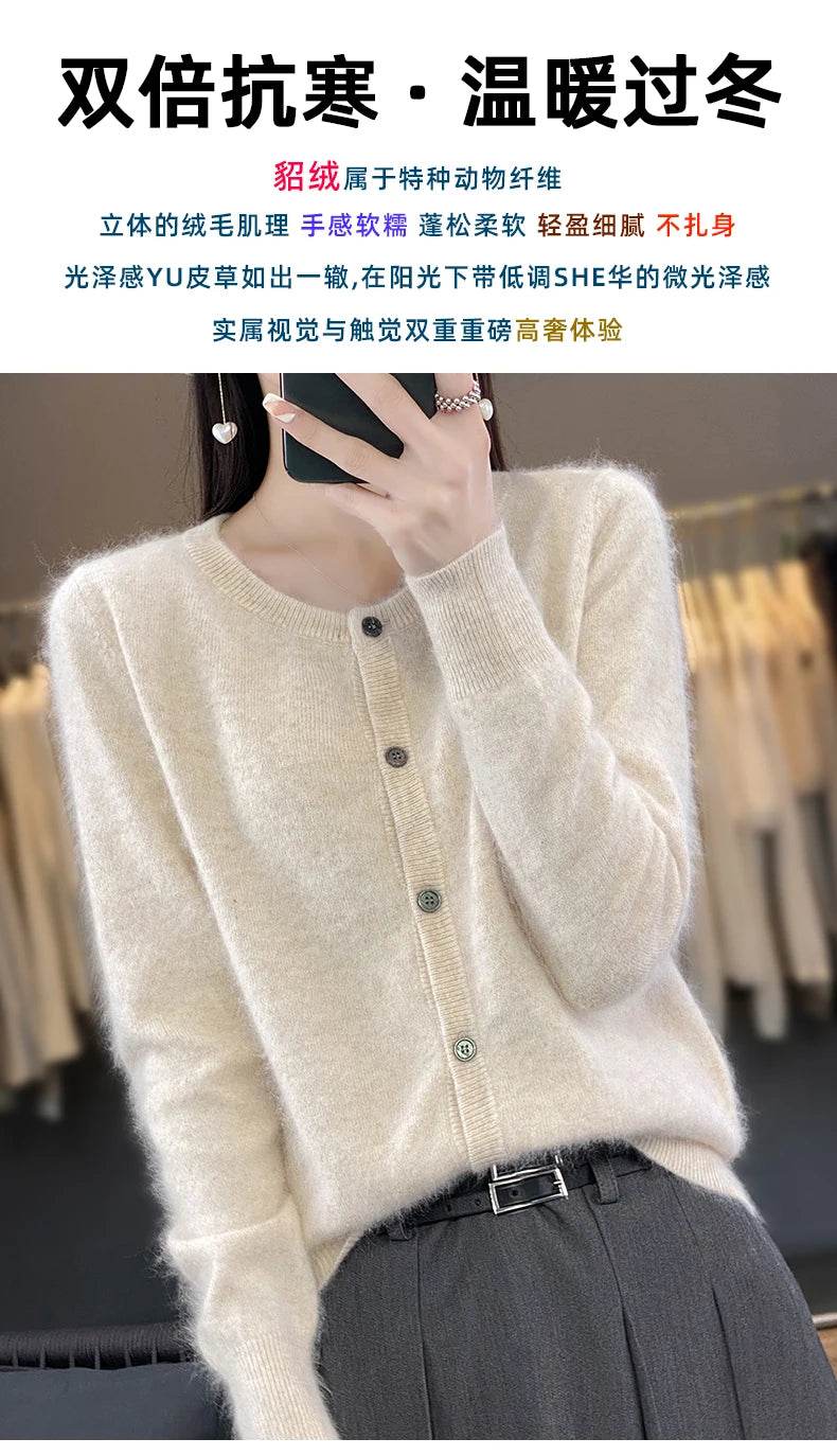 Women's Cardigan 100% Mink Cashmere Sweater,O-Neck Long Sleeve Top,Plus-Size Loose,Spring and Autumn Soft Knitted Jacket Female - AIAZ