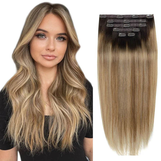 BHF Clip in Hair Extensions Human Hair Straight Remy Hair Natural Black Light Brown Honey Ombre Hair Extensions With Clips 70g - AIAZ