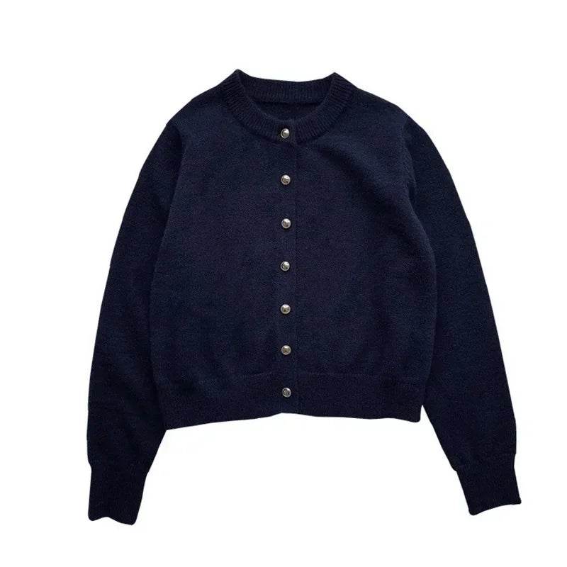 Knitted Cardigan women's 2023Spring New Korean Loose Solid Color Round Neck Sweater Coat - AIAZ