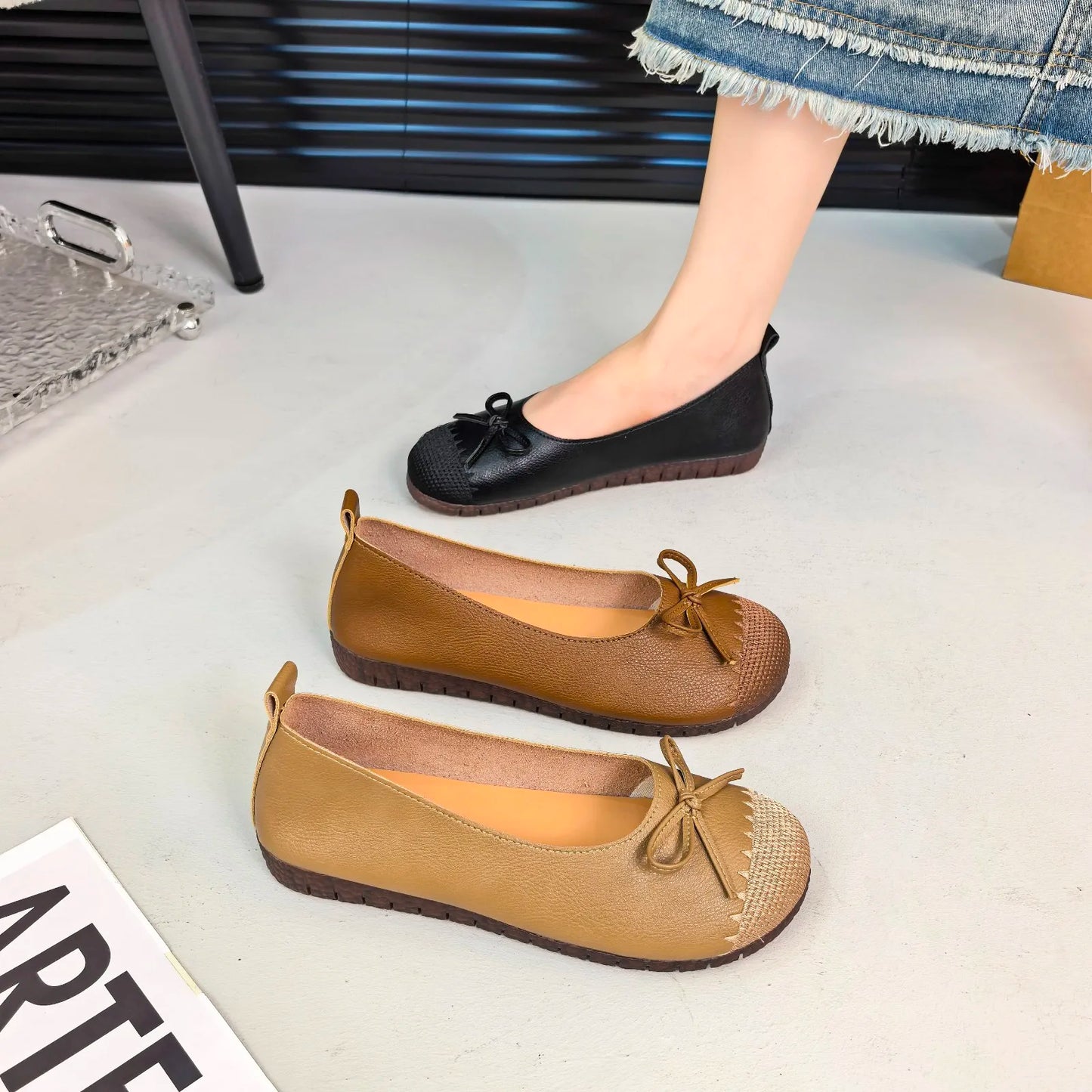 New 2025 French Flat Single Shoes Bow Mom Shoes