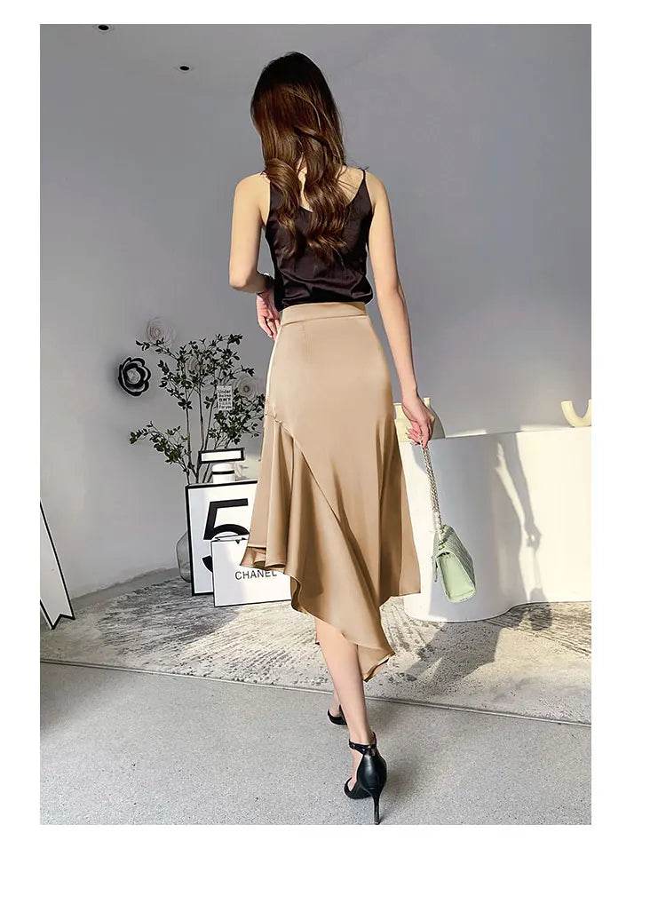 Elegant High Waist Satin Skirts Women Irregular Mermaid Skirt Fashion Streetwear Casual A-Line Skirts Office Lady Long Skirts - AIAZ