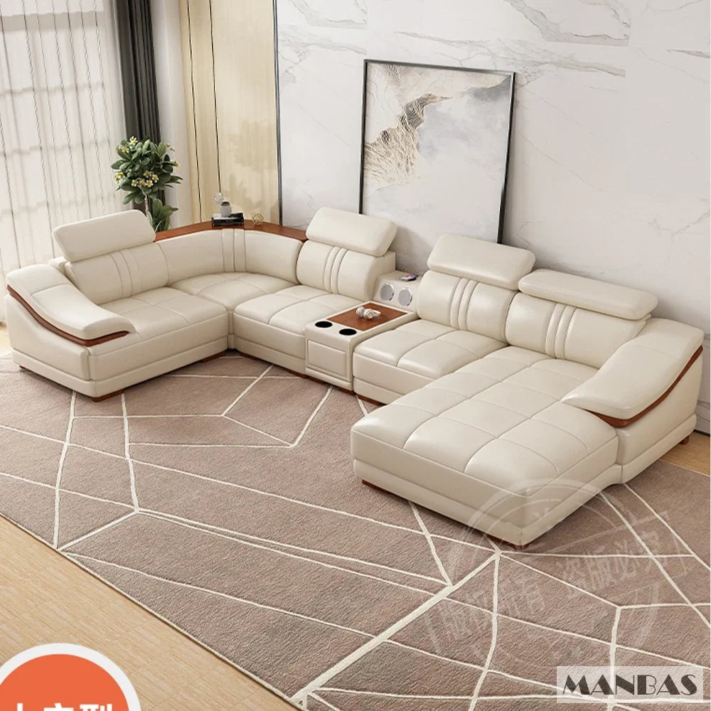 Elegant Leather Sectional Sofas Sets with Cup Holder, Adjustable Headrests & Bluetooth Speaker - MINGDIBAO Living Room Couches