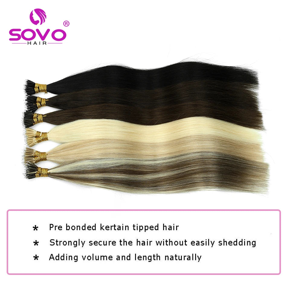 SOVO 100 Strands Nano Rings Human Hair Extensions Natural Blonde Micro Bead Loop Pre Bonded Remy European Straight Hair
