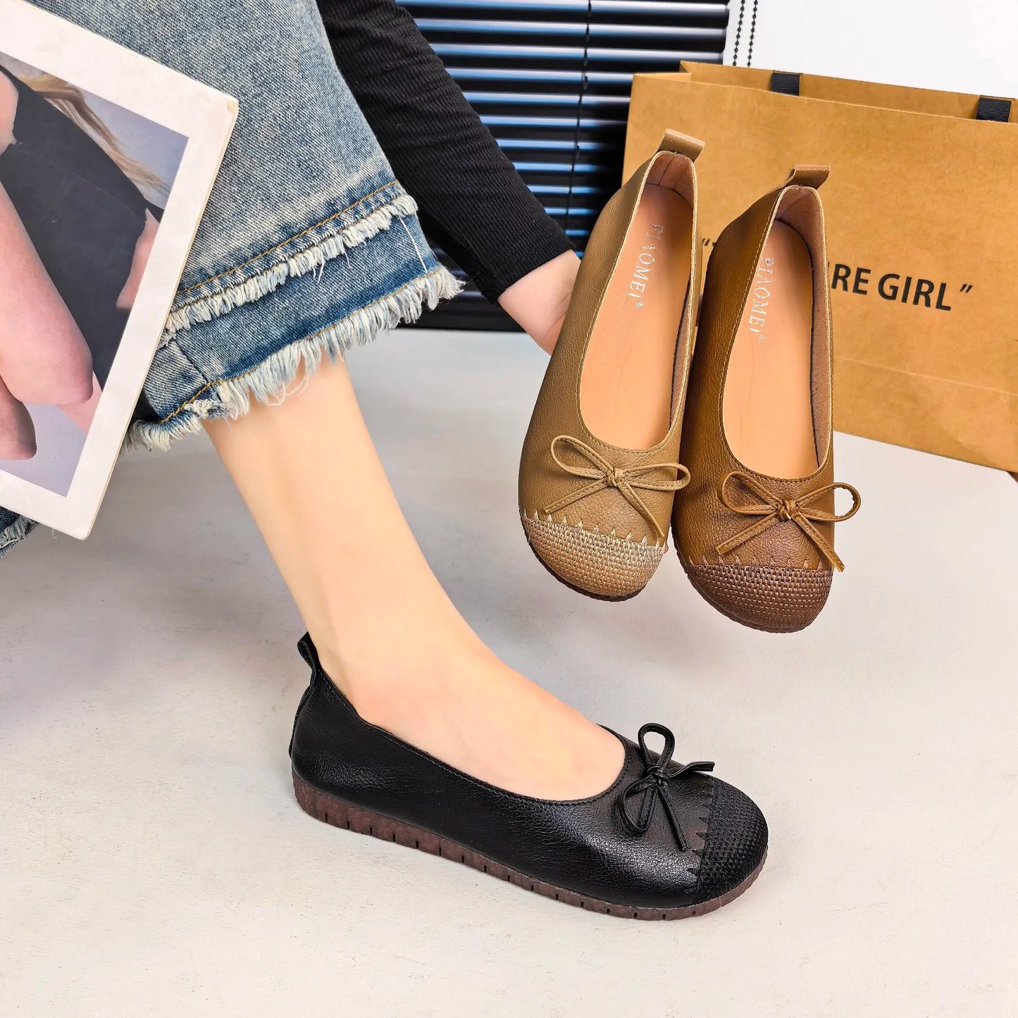 New 2025 French Flat Single Shoes Bow Mom Shoes