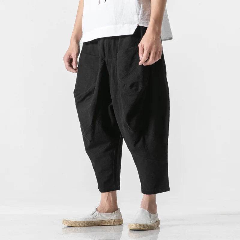 2025 Men Linen Pants Mens Wide Crotch Harem Pants Man Chinese Style Ankle-Length Pants Male Wide-Legged Bloomers Trousers - AIAZ