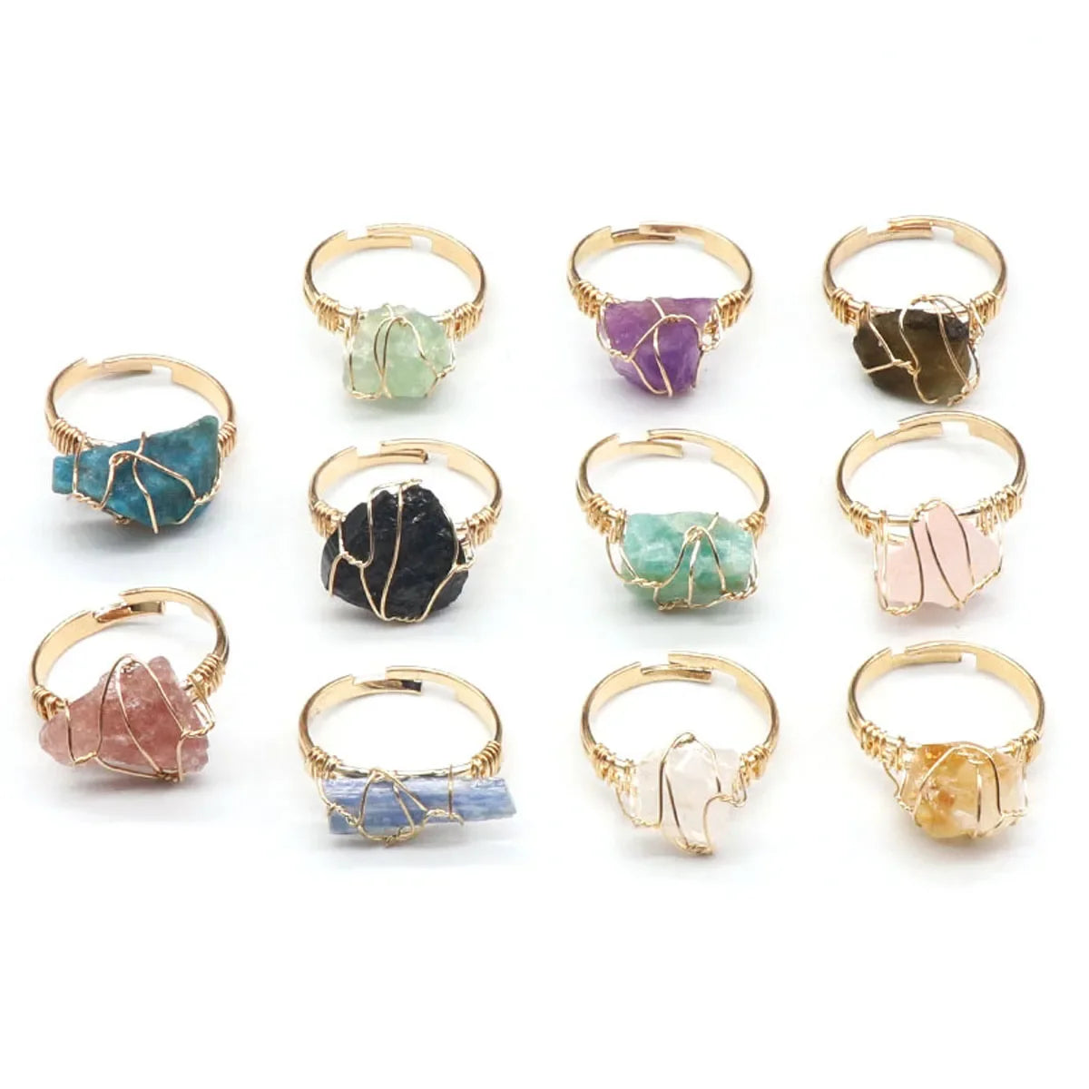 10-20mm Amethyst Rose Quartz Fluorite Natural Stone Irregular Gem Mineral Ring Jewelry Adjustable Hand Woven Ring