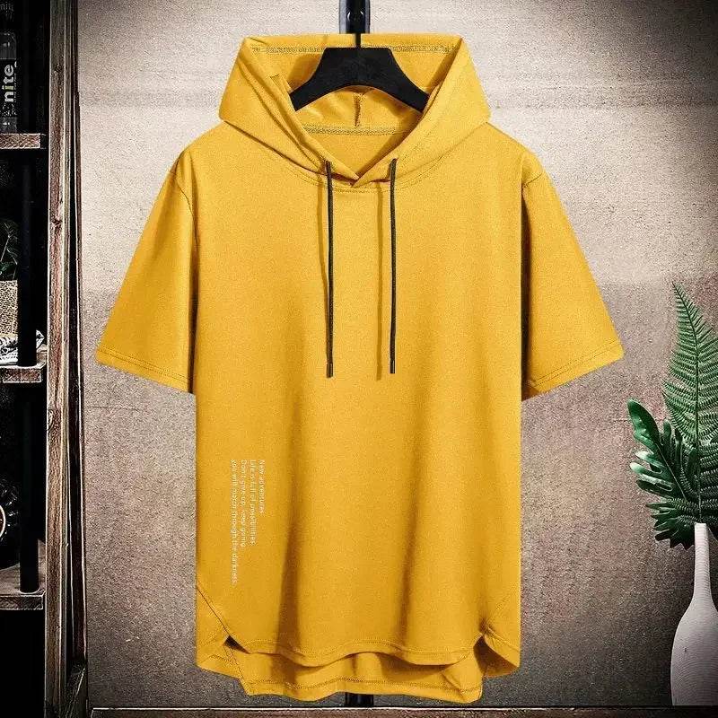 2025 Men's Summer Hoodies T-shirts Short Sleeve Solid Color Loose Hooded Drawstring Pullover Tops Basic Tees for Daily Wear Male - AIAZ