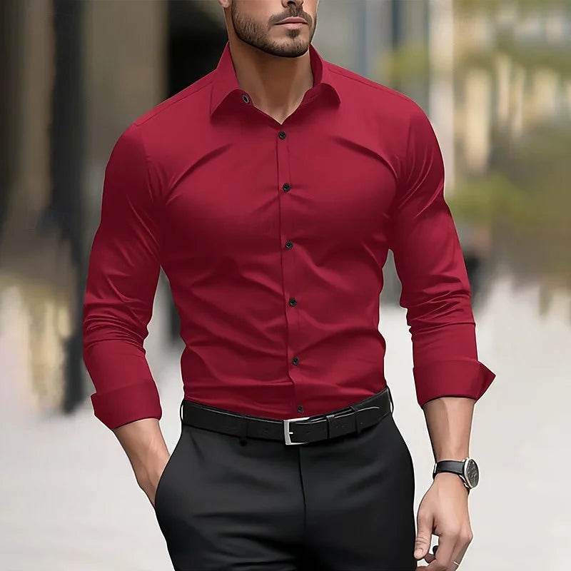 Men's formal shirt solid color wedding outdoor black red navy blue dark green long sleeve lapel summer spring clothing XS-6XL - AIAZ