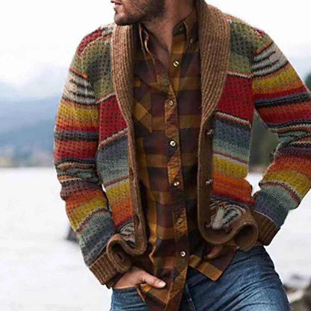 Men's Sweater Jacket Lapel Color-blocked Knitted Cardigan Sweater - AIAZ
