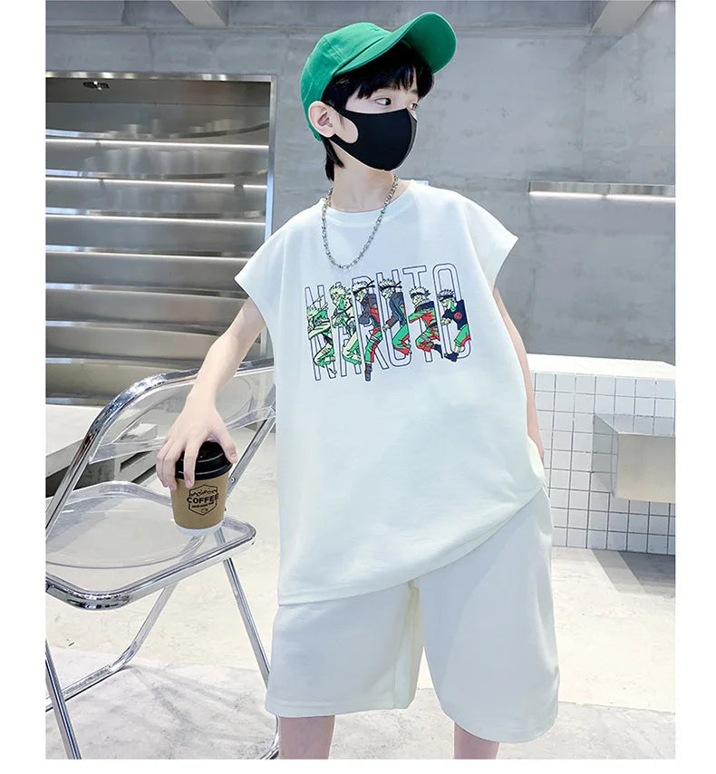 Summer Boys Cotton Sleeveless Cartoon T-Shirt Tops+Shorts Workout Sets School Kids 2PCS Tracksuit Children Jogging Outfit 5-16Yr