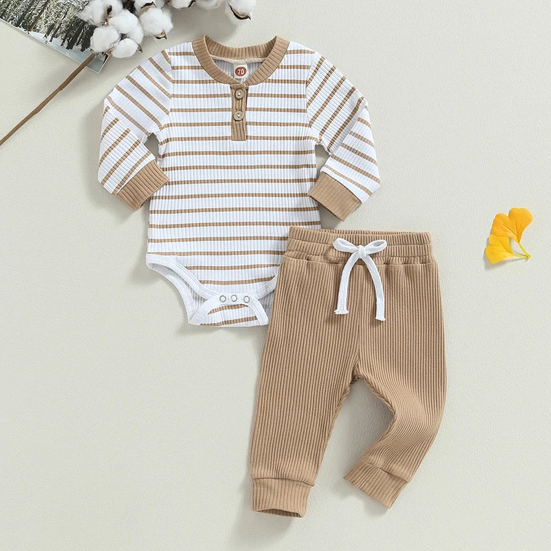 Citgeett Autumn Infant Baby Boy Fall Outfits Long Sleeve Striped Print Romper + Pants Set Warm Clothes