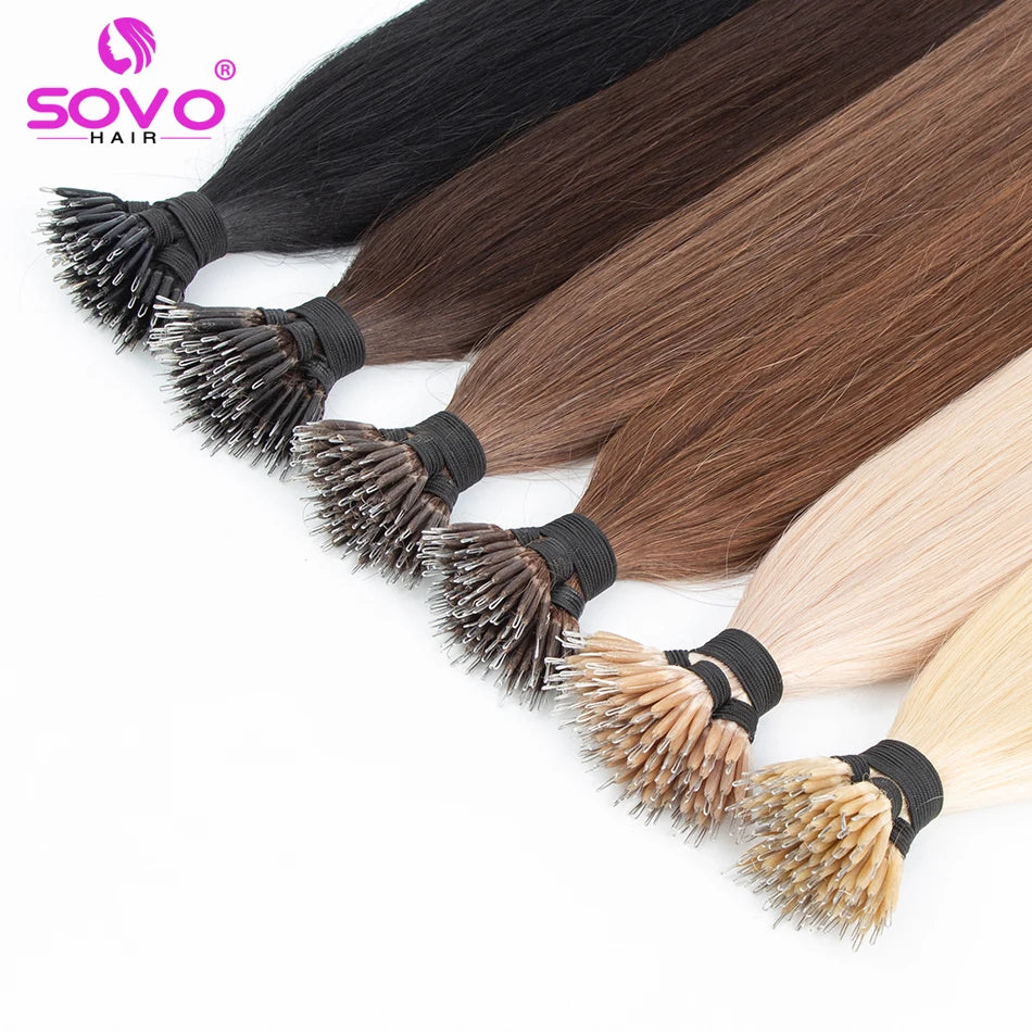 SOVO 100 Strands Nano Rings Human Hair Extensions Natural Blonde Micro Bead Loop Pre Bonded Remy European Straight Hair