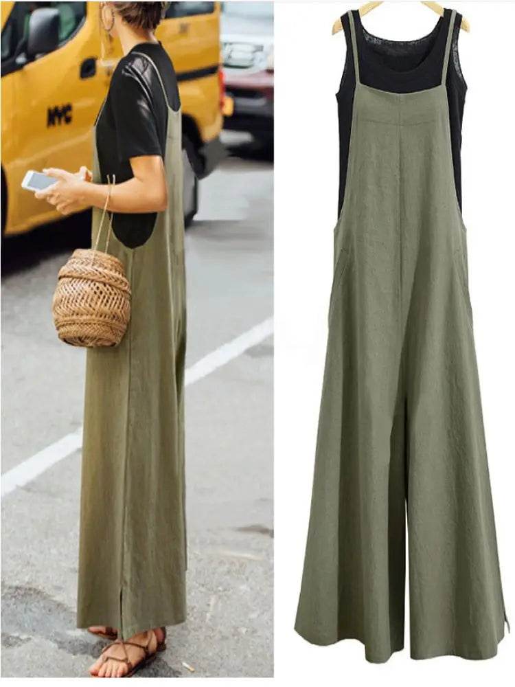 Women's Summer Sleeveless Jumpsuit Solid Color Wide Leg Bib Overalls Casual Loose Cotton Linen Straps Dungaree - AIAZ