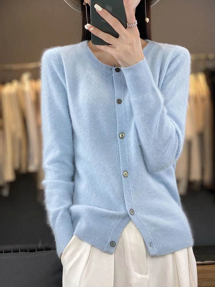 Women's Cardigan 100% Mink Cashmere Sweater,O-Neck Long Sleeve Top,Plus-Size Loose,Spring and Autumn Soft Knitted Jacket Female - AIAZ