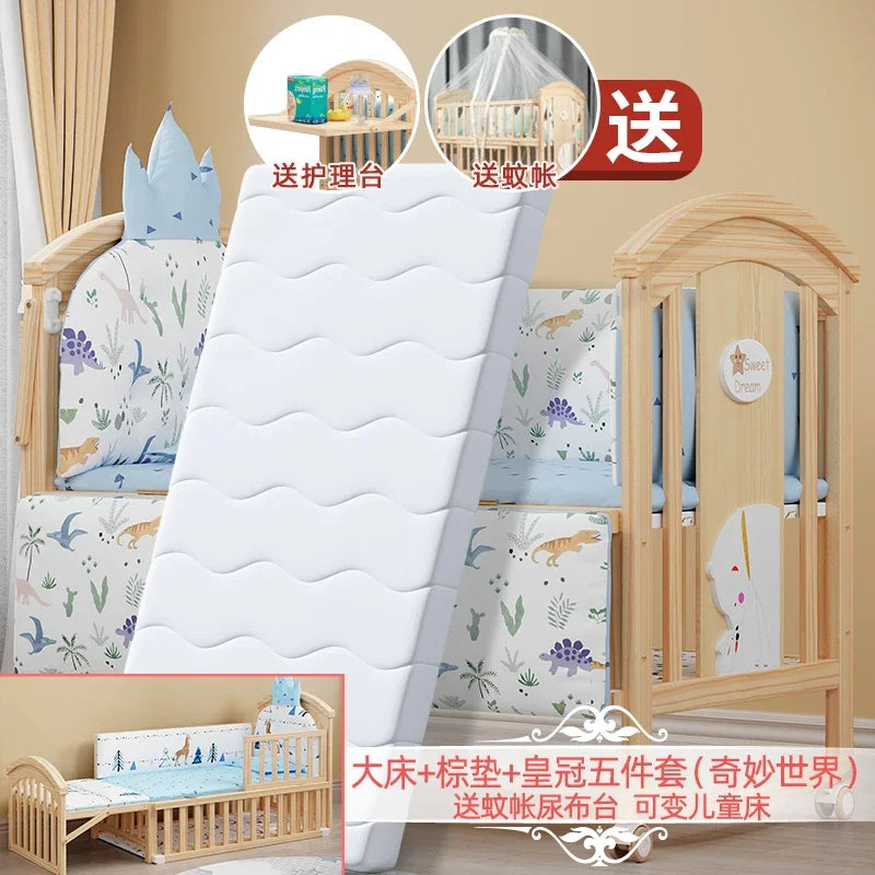 Baby Crib Multifunctional BB Baby Crib Solid Wood Unpainted Cradle Bed Movable Newborn Children Splicing Large Bed