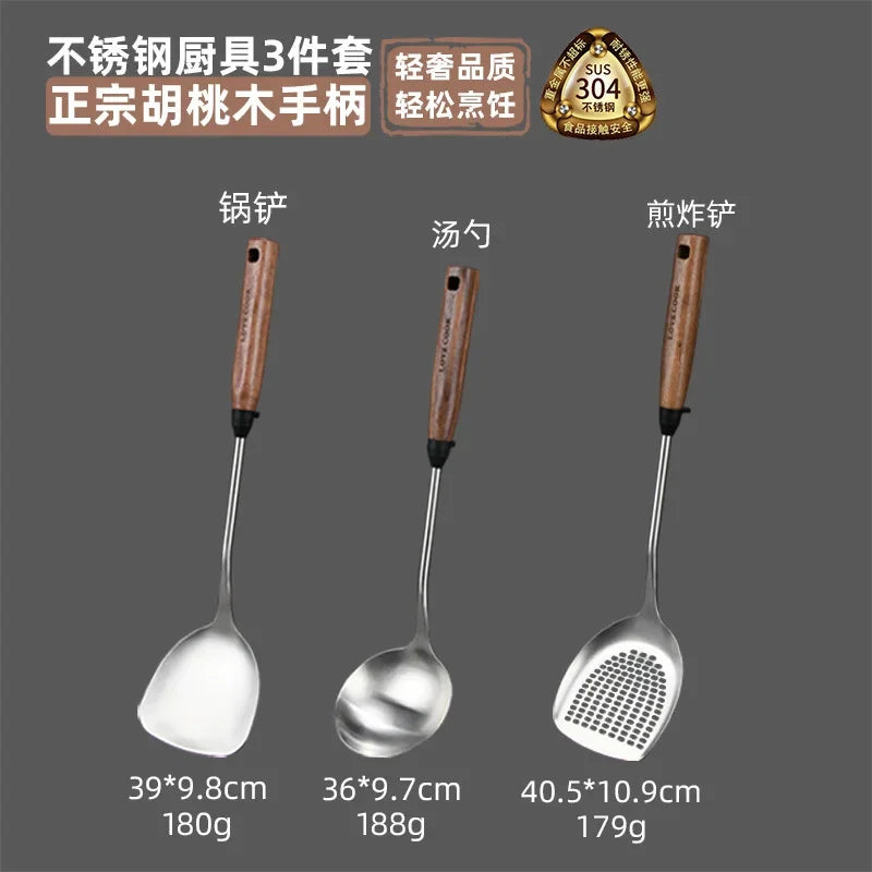 304 Stainless Steel Kitchenware Household Anti-scald Walnut Handle Cooking Spatula Set