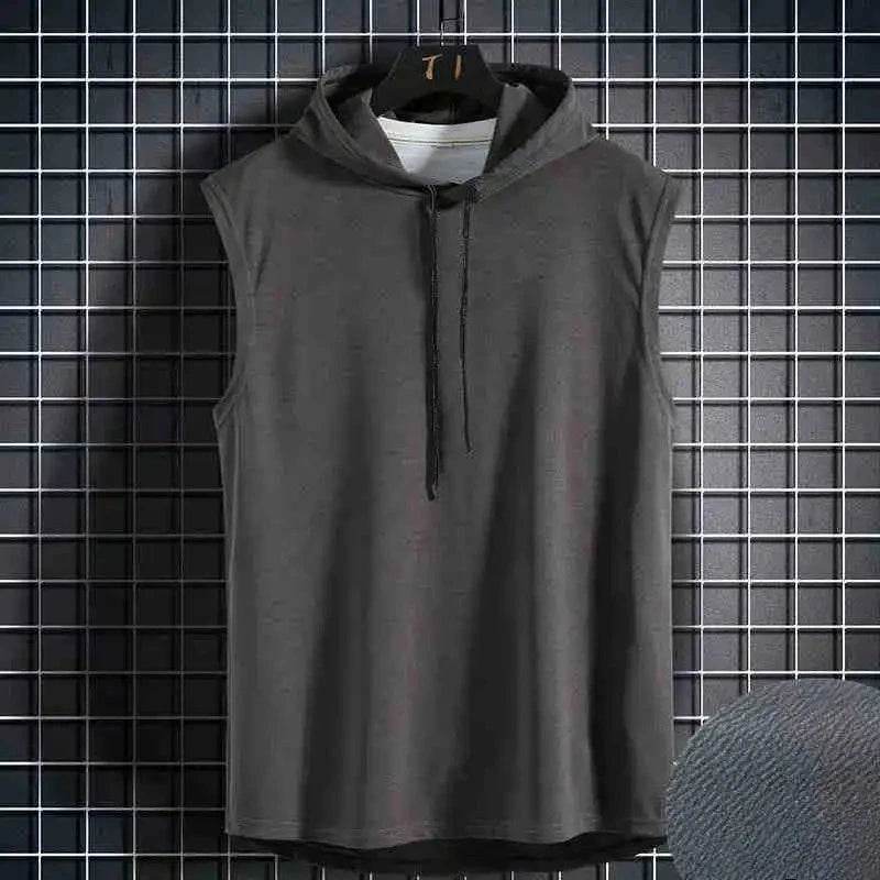 Men Tie Collar Hooded Sleeveless Vests Male Summer Loose Solid Hip Hop Tee Shirt Tops - AIAZ