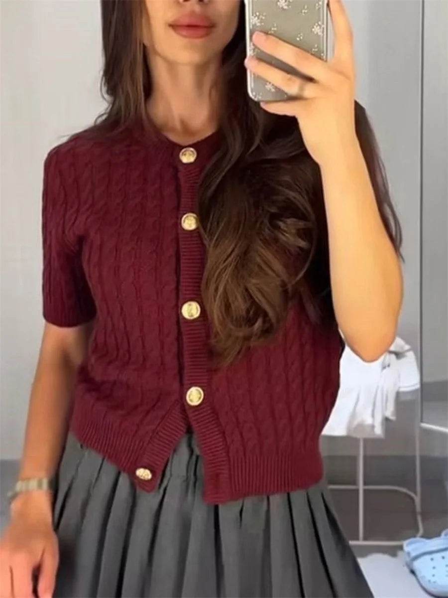 Women's Cable Knit Cardigan Solid Color Round Neck Short Sleeve Button-front Closure Crop Sweaters - AIAZ