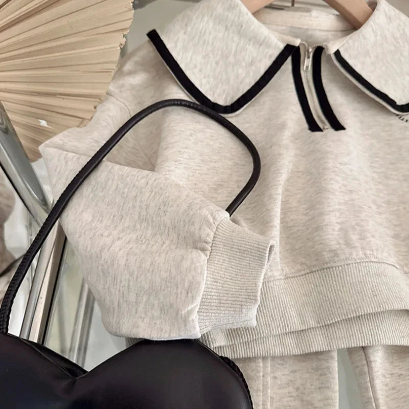 3-7Y Girls Spring Hoodies Set Korean Children's Spring and Autumn Fashionable Baby Doll Collar Hoodie Pants Casual Two Piece Set