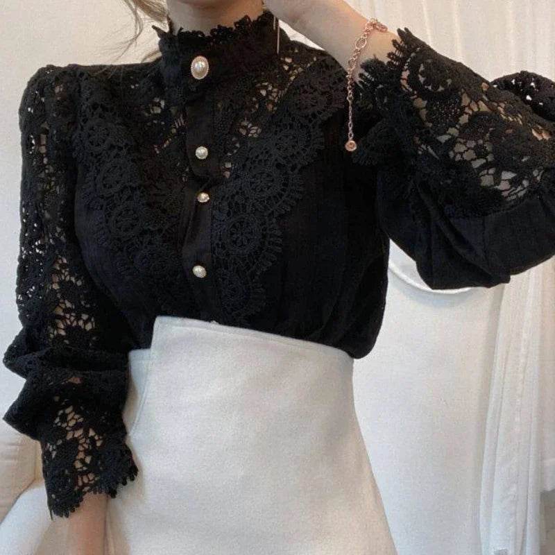 Women's Summer Lace Shirt Button White Top Fashionable Casual Top for Spring Autumn4107 - AIAZ
