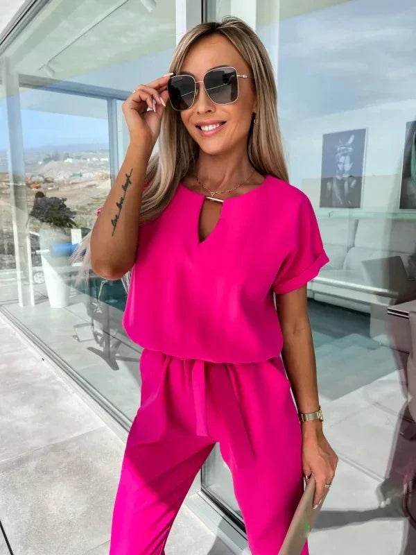 Jumpsuit Women 2023 Solid Color Short Sleeve V-neck Pocket Lace-up Pencil Long Pants Jumpsuits Summer Outfits Bodysuits - AIAZ