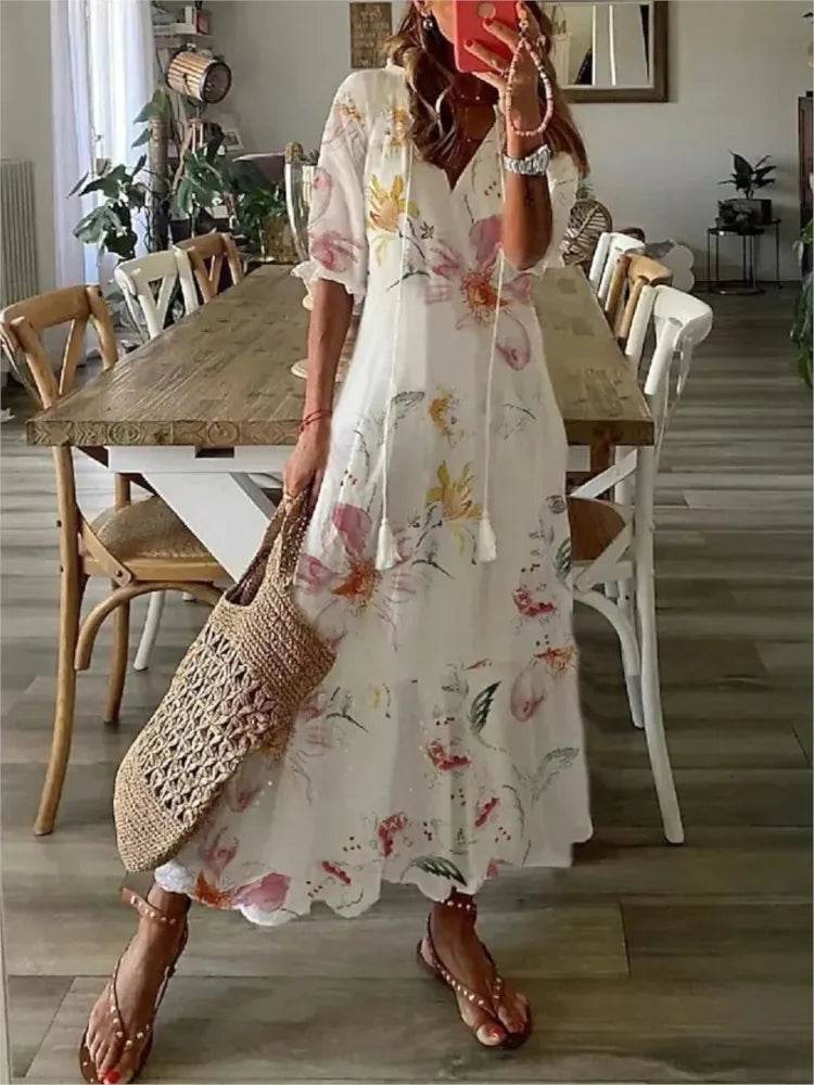 New Women's Spring Summer Dress Sexy V-neck Drawstring Printed Long-sleeved Dress Casual Loose Fashion Elegant Fresh Sweet Dress - AIAZ