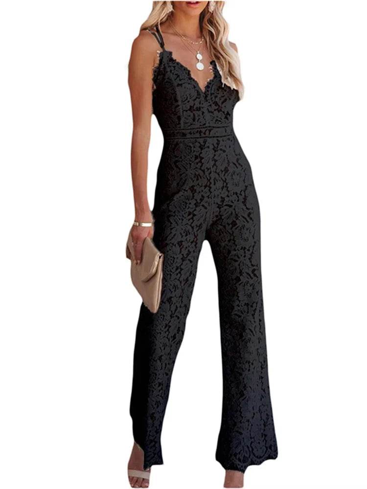 Elegant Women Jumpsuit Spaghetti Straps V Neck Solid Color Lace Open Back Wide-leg Jumpsuits Long Playsuit Streetwear Y2k Summer - AIAZ