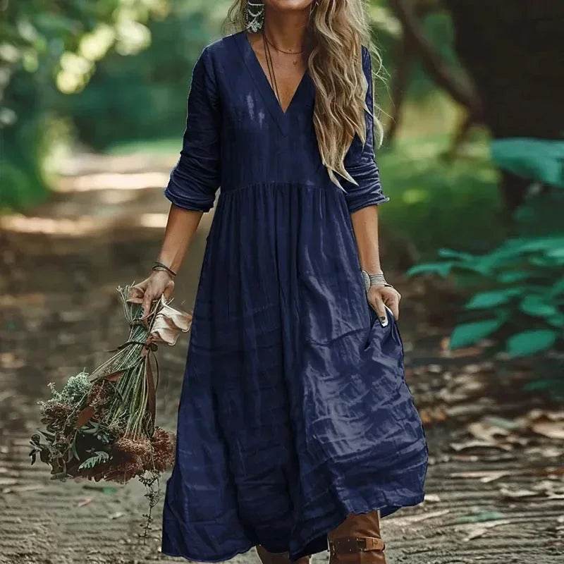 New Cotton Linen Loose Long Dresses For Women Spring Autumn New Casual Long Sleeve V Neck Maxi Dress Women Holiday Party Dress - AIAZ