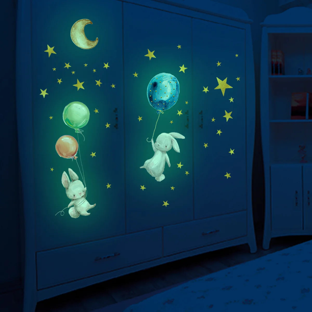 Cartoon Bunny Balloon Luminous Wall Stickers Glow In The Dark Wallpaper For Kids Room Living Room Nursery Home Decoration Decals