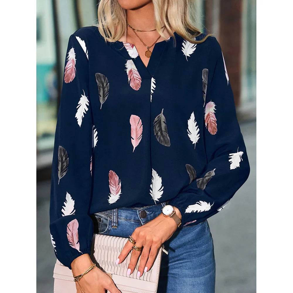 Fashion Woman Blouse Shirts For Women Stylish Top long Sleeve Feather Pattern Female Tops Elegant Chiffon Mujer Woman Clothes - AIAZ
