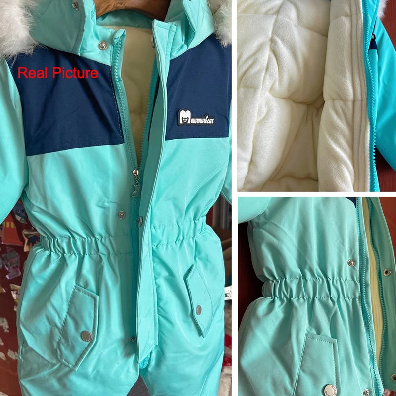 Winter Children Ski Suit Thicken Waterproof Baby Jumpsuit Warm Baby Girl Snow Wear Plus Velvet Infant Clothes Boys Coat 1-5 Year