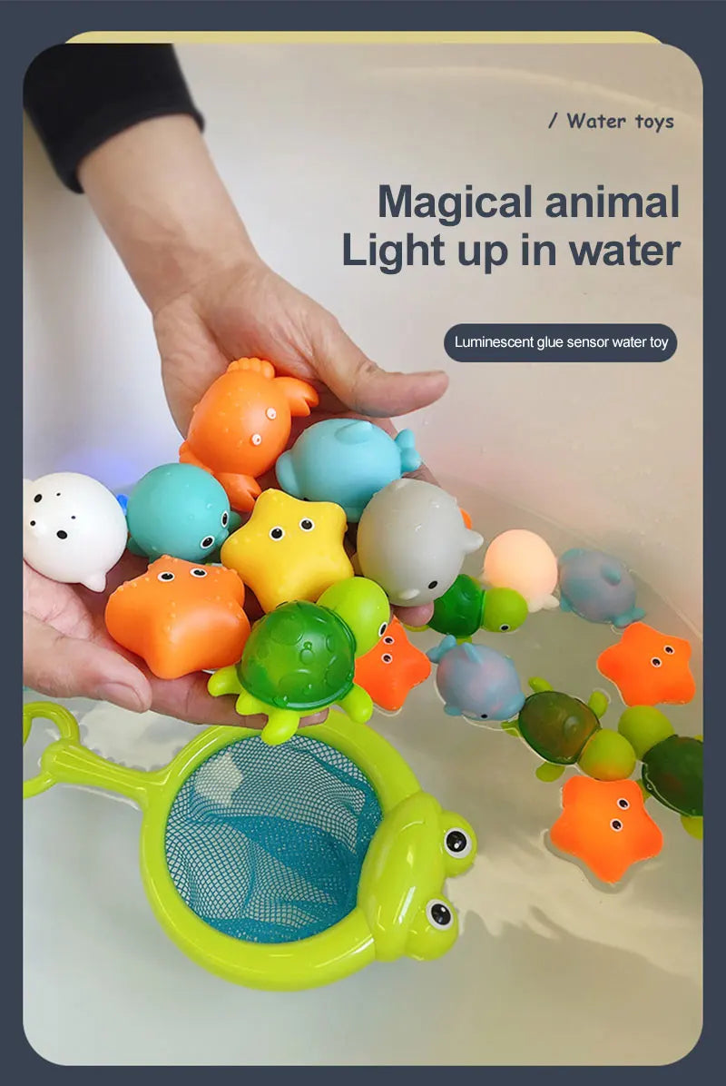 Cute Animals Bath Toy Swimming Water LED Light Up Toys Soft Rubber Float Induction Luminous Frogs for Kids Play Funny Gifts