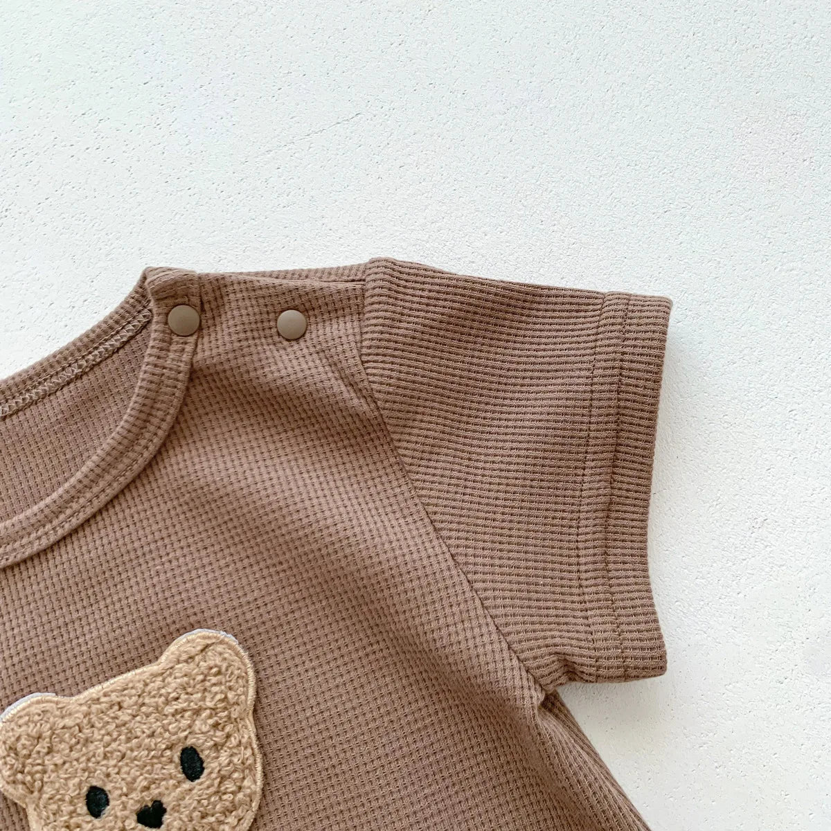 New In Summer Kids Baby Girls Boys Short Sleeve Waffle Patch Bear Infant Newborn Jumpsuits Cotton Romper Gift Hat with Ear