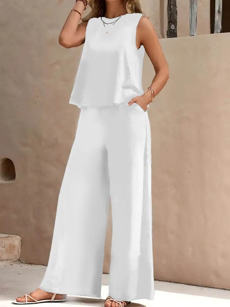Women's Casual Set Solid Color Elegant Comfortable Round Neck Vest and Wide Leg Pants Two Piece Versatile Comfortable - AIAZ
