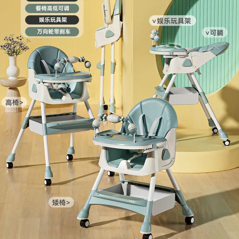 Portable Kids Dining Chair,Reinforced Steel Frame Non-Slip Base,Foldable with Wheels Adjustable Tray,Multi-Use Highchair