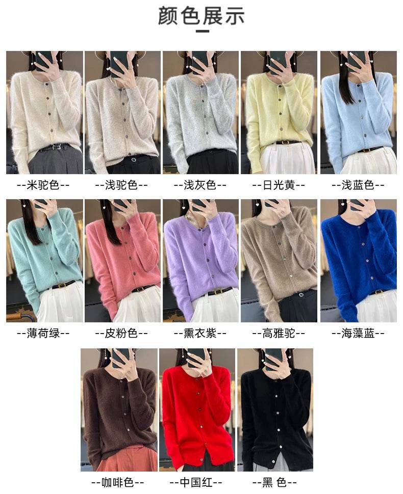 Women's Cardigan 100% Mink Cashmere Sweater,O-Neck Long Sleeve Top,Plus-Size Loose,Spring and Autumn Soft Knitted Jacket Female - AIAZ